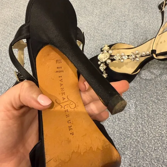 IVANKA TRUMP ALLUVIA Women Black Satin Evening Sandals with Pearls &amp; Crystals