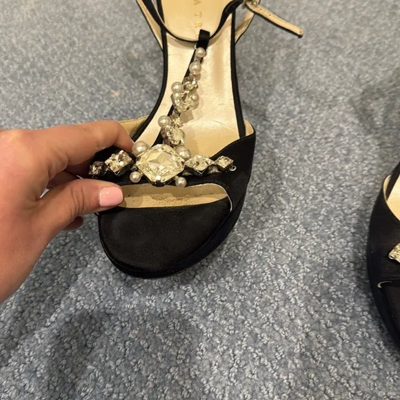 IVANKA TRUMP ALLUVIA Women Black Satin Evening Sandals with Pearls &amp; Crystals