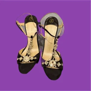 IVANKA TRUMP ALLUVIA Women Black Satin Evening Sandals with Pearls &amp; Crystals