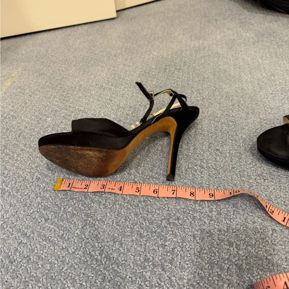 IVANKA TRUMP ALLUVIA Women Black Satin Evening Sandals with Pearls &amp; Crystals