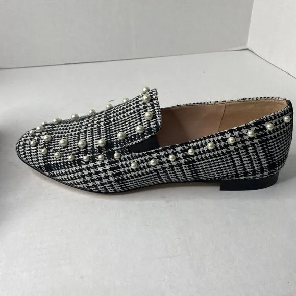 J Crew Black White Glen Plaid Loafers Wm Sz 10 Shoes Pearl Beaded Flats New