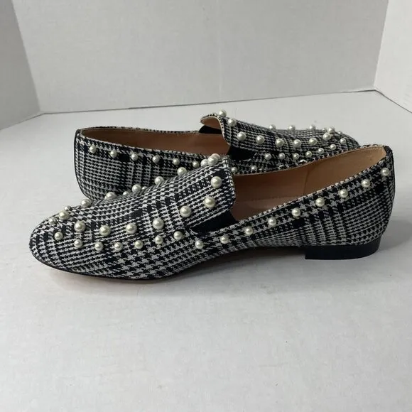 J Crew Black White Glen Plaid Loafers Wm Sz 10 Shoes Pearl Beaded Flats New
