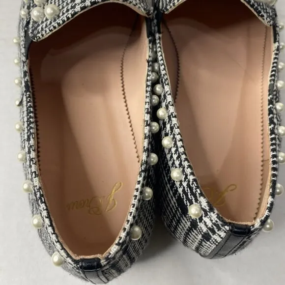J Crew Black White Glen Plaid Loafers Wm Sz 10 Shoes Pearl Beaded Flats New