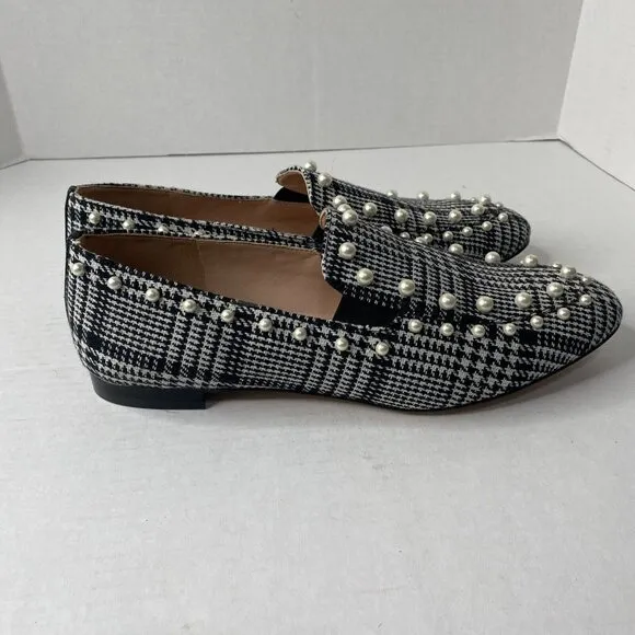 J Crew Black White Glen Plaid Loafers Wm Sz 10 Shoes Pearl Beaded Flats New