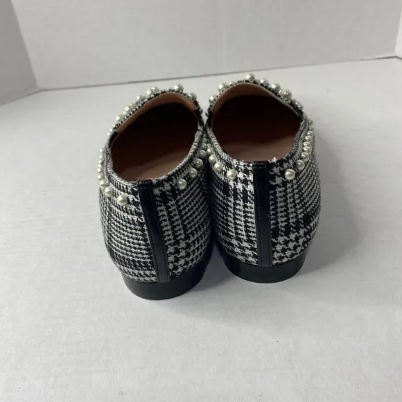 J Crew Black White Glen Plaid Loafers Wm Sz 10 Shoes Pearl Beaded Flats New