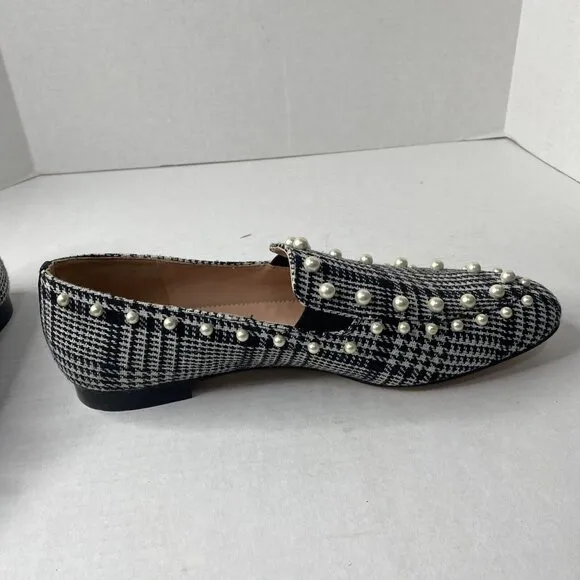 J Crew Black White Glen Plaid Loafers Wm Sz 10 Shoes Pearl Beaded Flats New