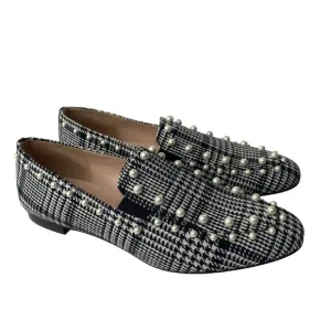 J Crew Black White Glen Plaid Loafers Wm Sz 10 Shoes Pearl Beaded Flats New