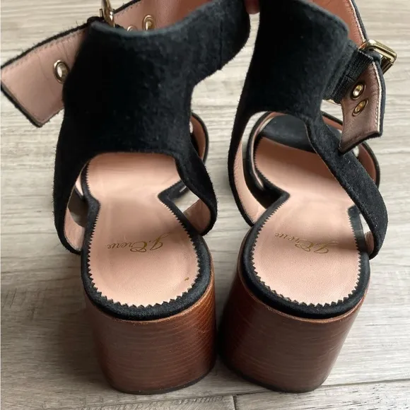 J Crew Penny Ankle-Strap Sandals In Black Suede Block Heel Gold Hardware SZ 8