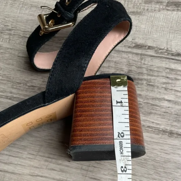 J Crew Penny Ankle-Strap Sandals In Black Suede Block Heel Gold Hardware SZ 8