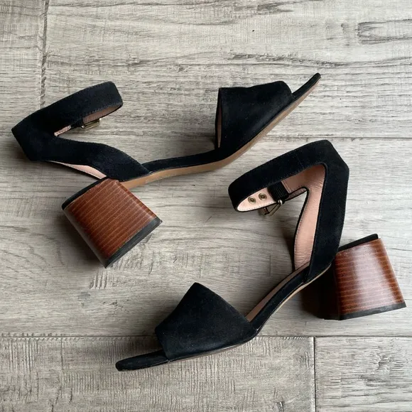 J Crew Penny Ankle-Strap Sandals In Black Suede Block Heel Gold Hardware SZ 8