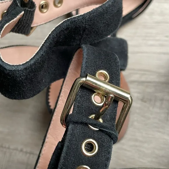 J Crew Penny Ankle-Strap Sandals In Black Suede Block Heel Gold Hardware SZ 8