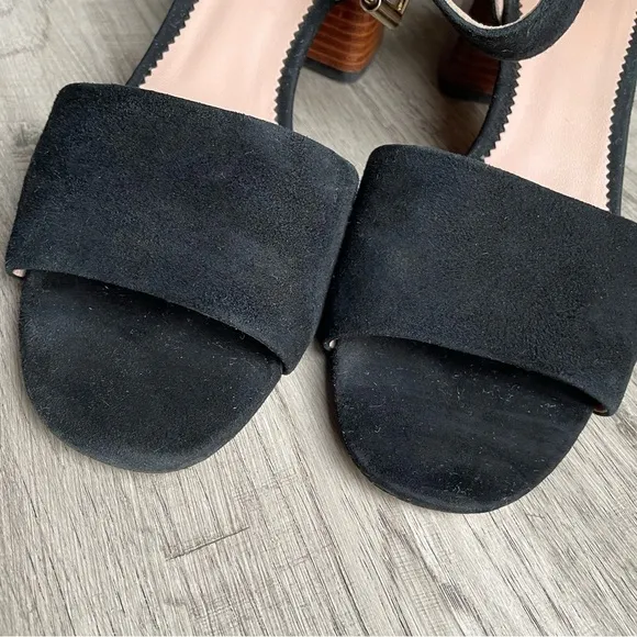 J Crew Penny Ankle-Strap Sandals In Black Suede Block Heel Gold Hardware SZ 8