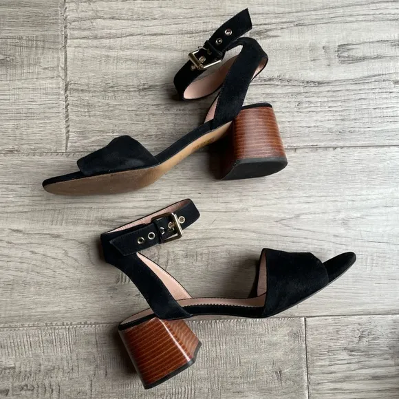 J Crew Penny Ankle-Strap Sandals In Black Suede Block Heel Gold Hardware SZ 8