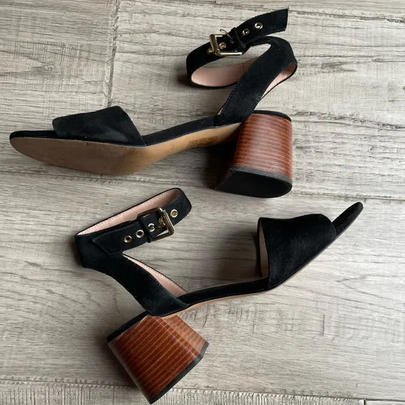 J Crew Penny Ankle-Strap Sandals In Black Suede Block Heel Gold Hardware SZ 8