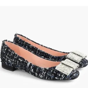 J. CREW poppy ballet flats glitter bow navy blue tweed holiday shoes Size 8.5