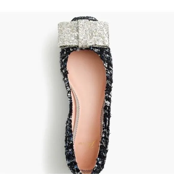 J. CREW poppy ballet flats glitter bow navy blue tweed holiday shoes Size 8.5