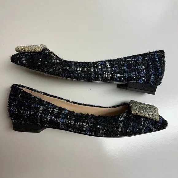 J. CREW poppy ballet flats glitter bow navy blue tweed holiday shoes Size 8.5