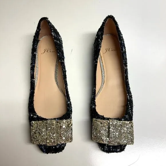 J. CREW poppy ballet flats glitter bow navy blue tweed holiday shoes Size 8.5