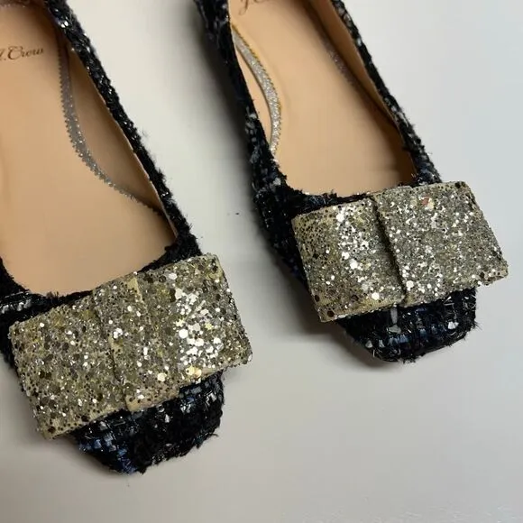 J. CREW poppy ballet flats glitter bow navy blue tweed holiday shoes Size 8.5