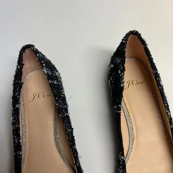 J. CREW poppy ballet flats glitter bow navy blue tweed holiday shoes Size 8.5