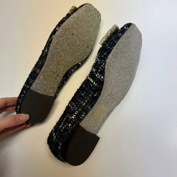 J. CREW poppy ballet flats glitter bow navy blue tweed holiday shoes Size 8.5