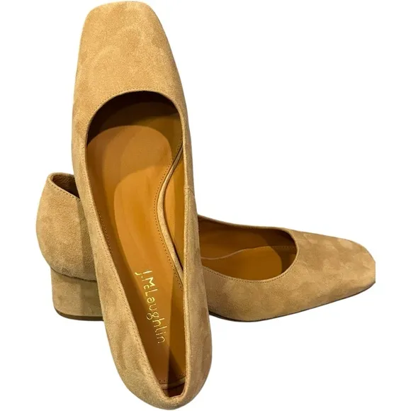 J. McLaughlin Casey Suede / Leather Tan Block Heels Almond Toe Shoes Size 8