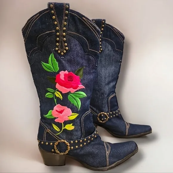 J Renee Denim Floral Embroidered Dakota Cowgirl Boots - Size 8M