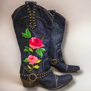 J Renee Denim Floral Embroidered Dakota Cowgirl Boots - Size 8M