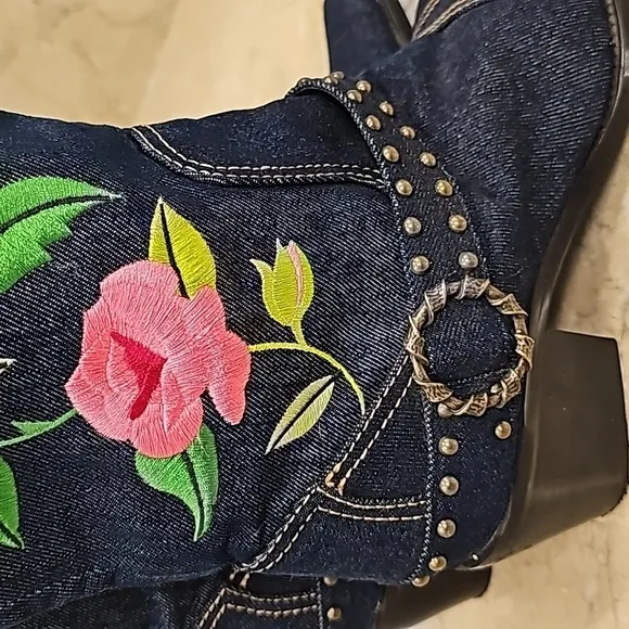 J Renee Denim Floral Embroidered Dakota Cowgirl Boots - Size 8M