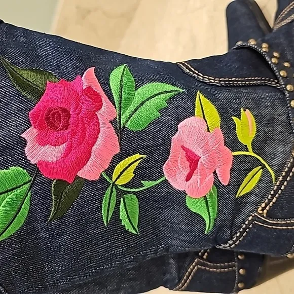J Renee Denim Floral Embroidered Dakota Cowgirl Boots - Size 8M