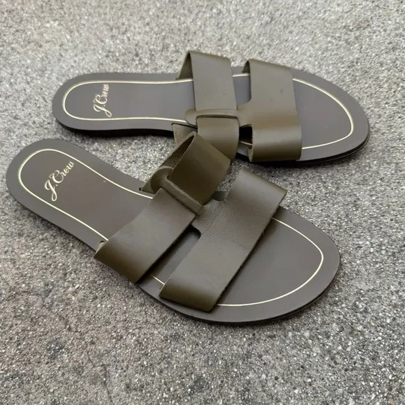 JCREW Cyprus Sandals Olive Green Khaki Leather Slides Slip On Shoes 7