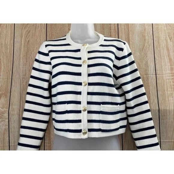J.Crew Emilie Cardigan Sweater Women's S White Striped Knit Button Detail Cotton
