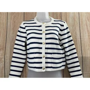 J.Crew Emilie Cardigan Sweater Women's S White Striped Knit Button Detail Cotton