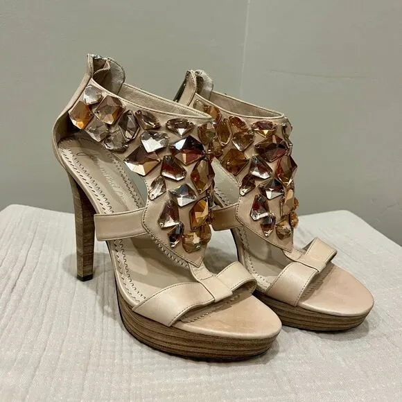 Jean-Michel Cazabat Crystal Embellished Platform Sandals High Heels Nude Sz‎ 7.5
