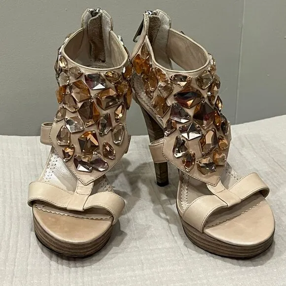 Jean-Michel Cazabat Crystal Embellished Platform Sandals High Heels Nude Sz‎ 7.5