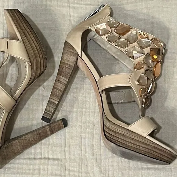 Jean-Michel Cazabat Crystal Embellished Platform Sandals High Heels Nude Sz‎ 7.5