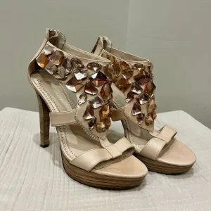 Jean-Michel Cazabat Crystal Embellished Platform Sandals High Heels Nude Sz‎ 7.5
