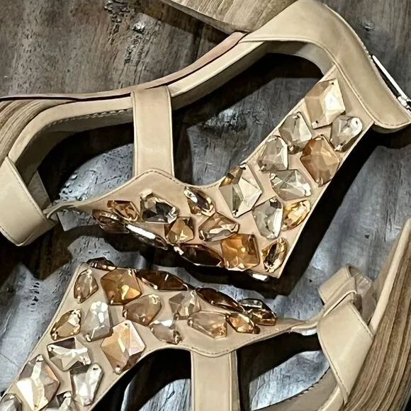 Jean-Michel Cazabat Crystal Embellished Platform Sandals High Heels Nude Sz‎ 7.5
