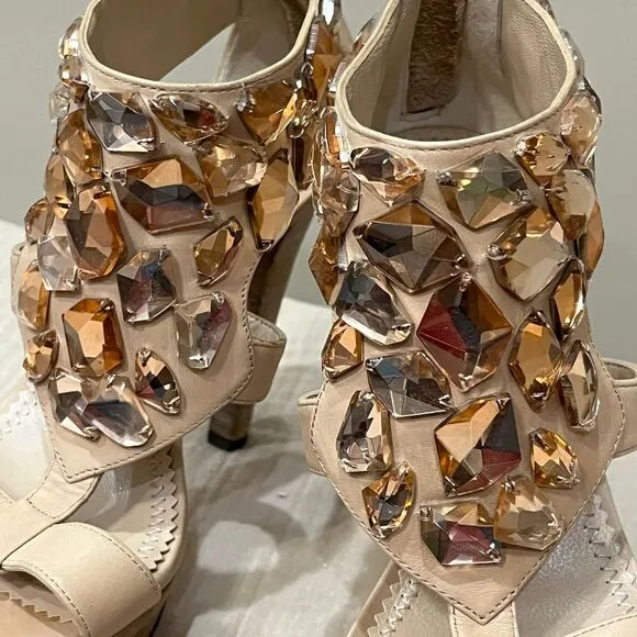Jean-Michel Cazabat Crystal Embellished Platform Sandals High Heels Nude Sz‎ 7.5