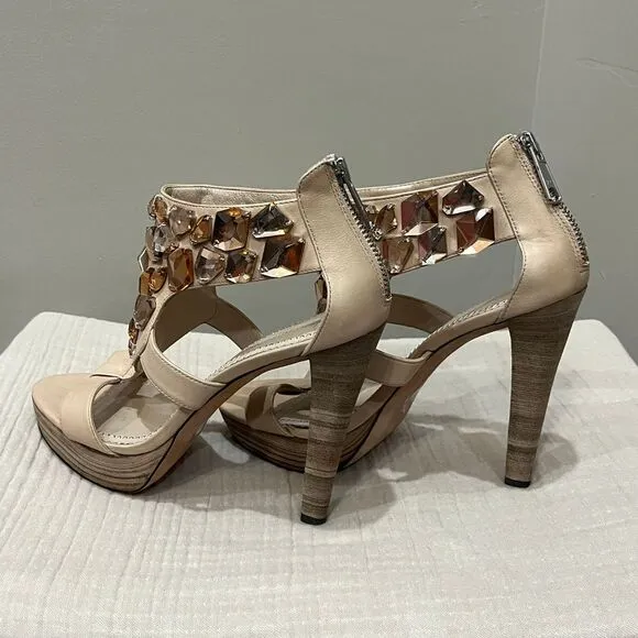 Jean-Michel Cazabat Crystal Embellished Platform Sandals High Heels Nude Sz‎ 7.5