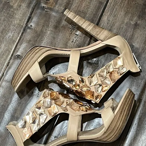 Jean-Michel Cazabat Crystal Embellished Platform Sandals High Heels Nude Sz‎ 7.5