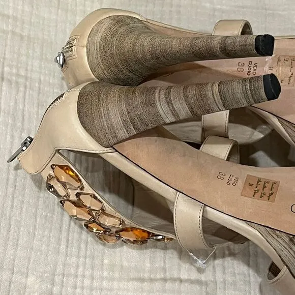 Jean-Michel Cazabat Crystal Embellished Platform Sandals High Heels Nude Sz‎ 7.5