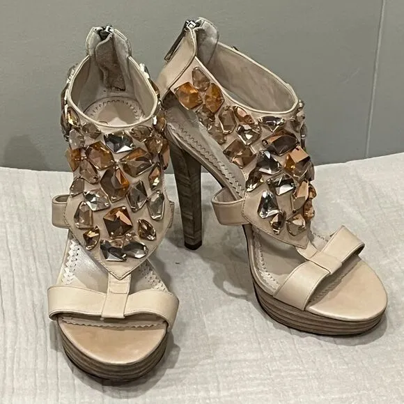 Jean-Michel Cazabat Crystal Embellished Platform Sandals High Heels Nude Sz‎ 7.5
