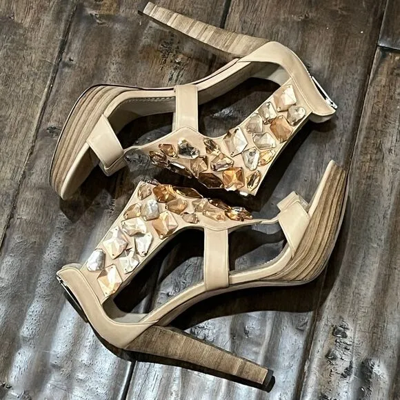 Jean-Michel Cazabat Crystal Embellished Platform Sandals High Heels Nude Sz‎ 7.5