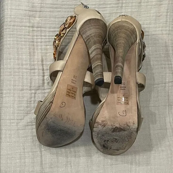 Jean-Michel Cazabat Crystal Embellished Platform Sandals High Heels Nude Sz‎ 7.5