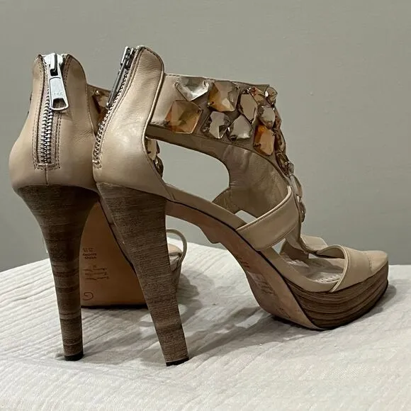 Jean-Michel Cazabat Crystal Embellished Platform Sandals High Heels Nude Sz‎ 7.5