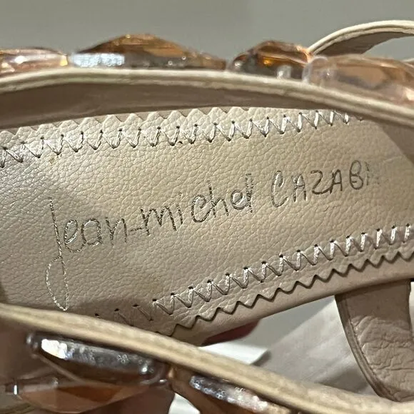Jean-Michel Cazabat Crystal Embellished Platform Sandals High Heels Nude Sz‎ 7.5