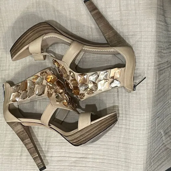 Jean-Michel Cazabat Crystal Embellished Platform Sandals High Heels Nude Sz‎ 7.5