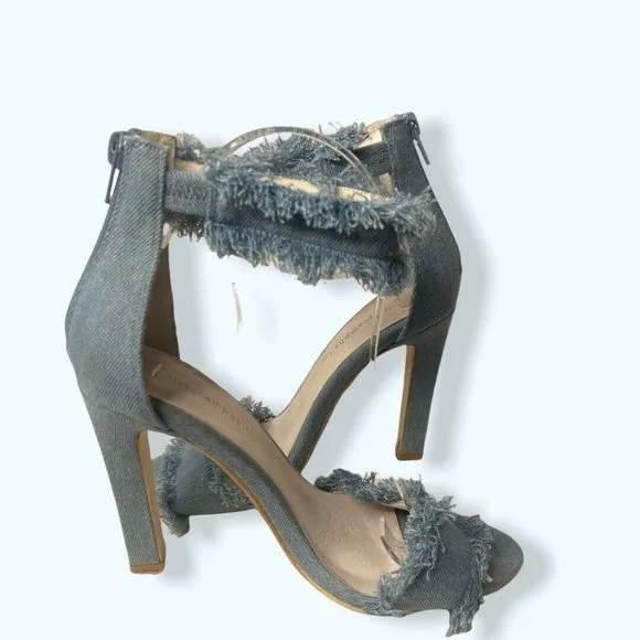 JEFFREY CAMPBELL Inab 2 Sandals Heels Shoes Size 7.5 Frayed Blue Denim Zip a42
