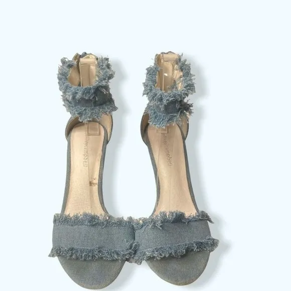 JEFFREY CAMPBELL Inab 2 Sandals Heels Shoes Size 7.5 Frayed Blue Denim Zip a42